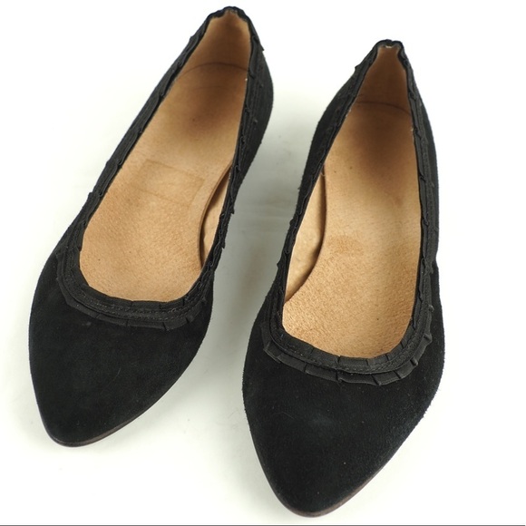 Italian made sz 36 black suede ruffle trim flats - Picture 2 of 8
